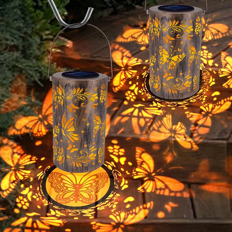 Modern New Solar Powered Wrought Iron Lamp Hollow Butterfly Lantern Decoration Garden Decoration Outdoor Courtyard Pendant Light