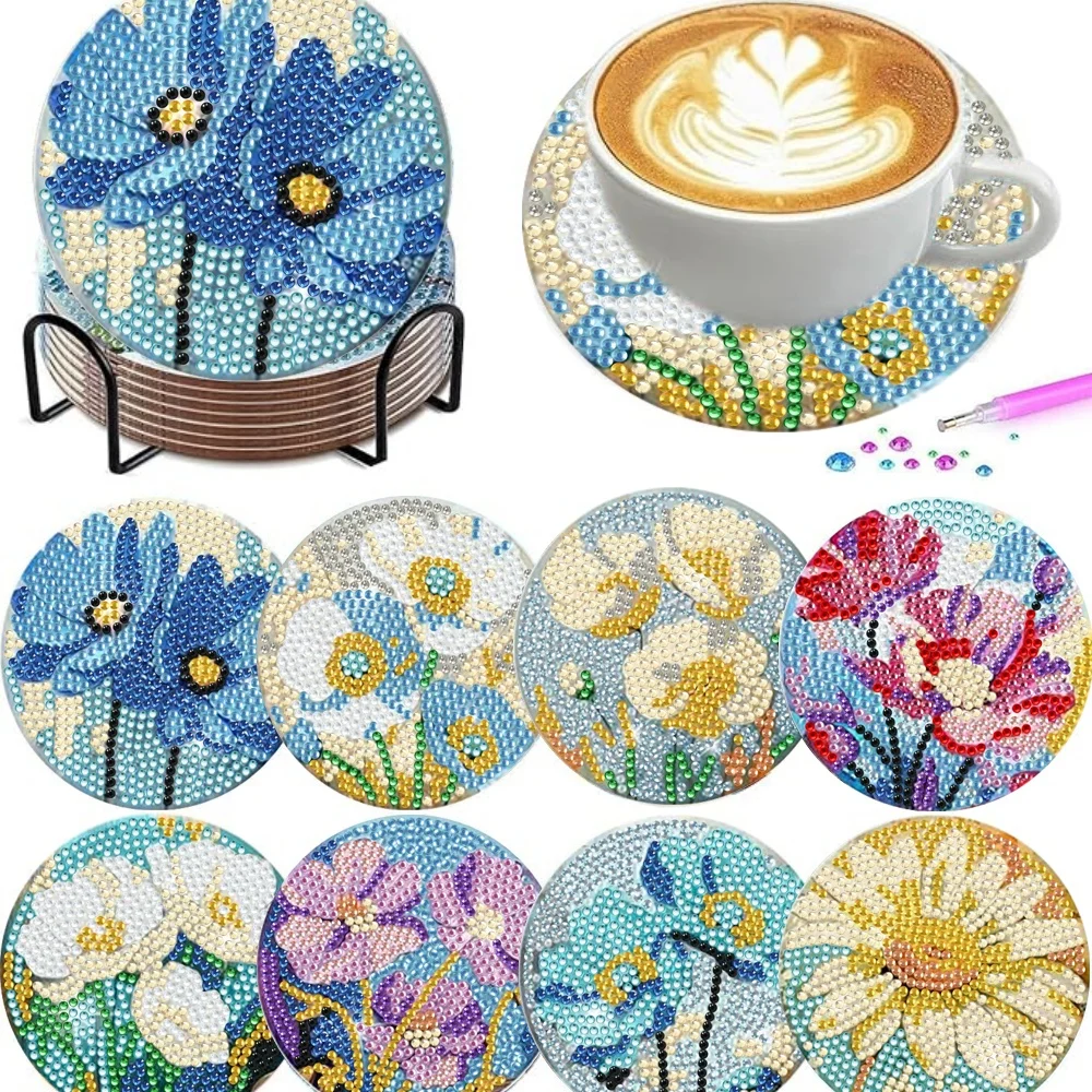Resin Art Coasters - 8 buah/set tatakan gelas lukisan berlian,