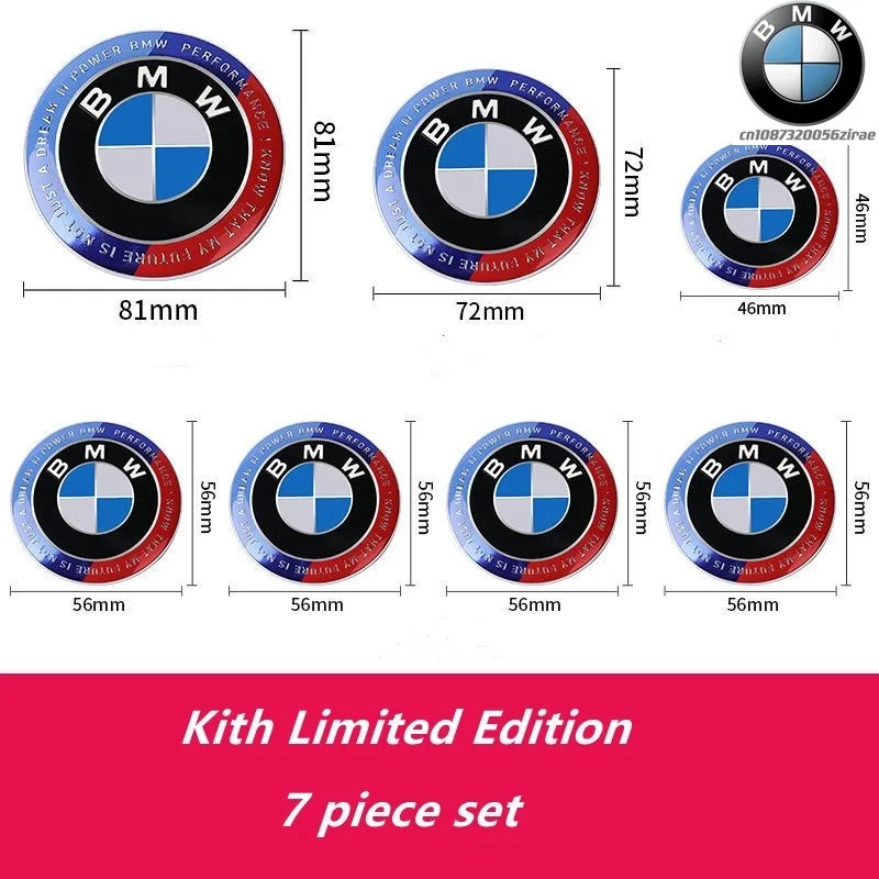 

Front Hood Emblem 81mm+Rear Badge 74mm+Wheel Hub Cap 68mm+56mm Steering Wheel Sticker 46mm For BMW 50th Anniversary Logo