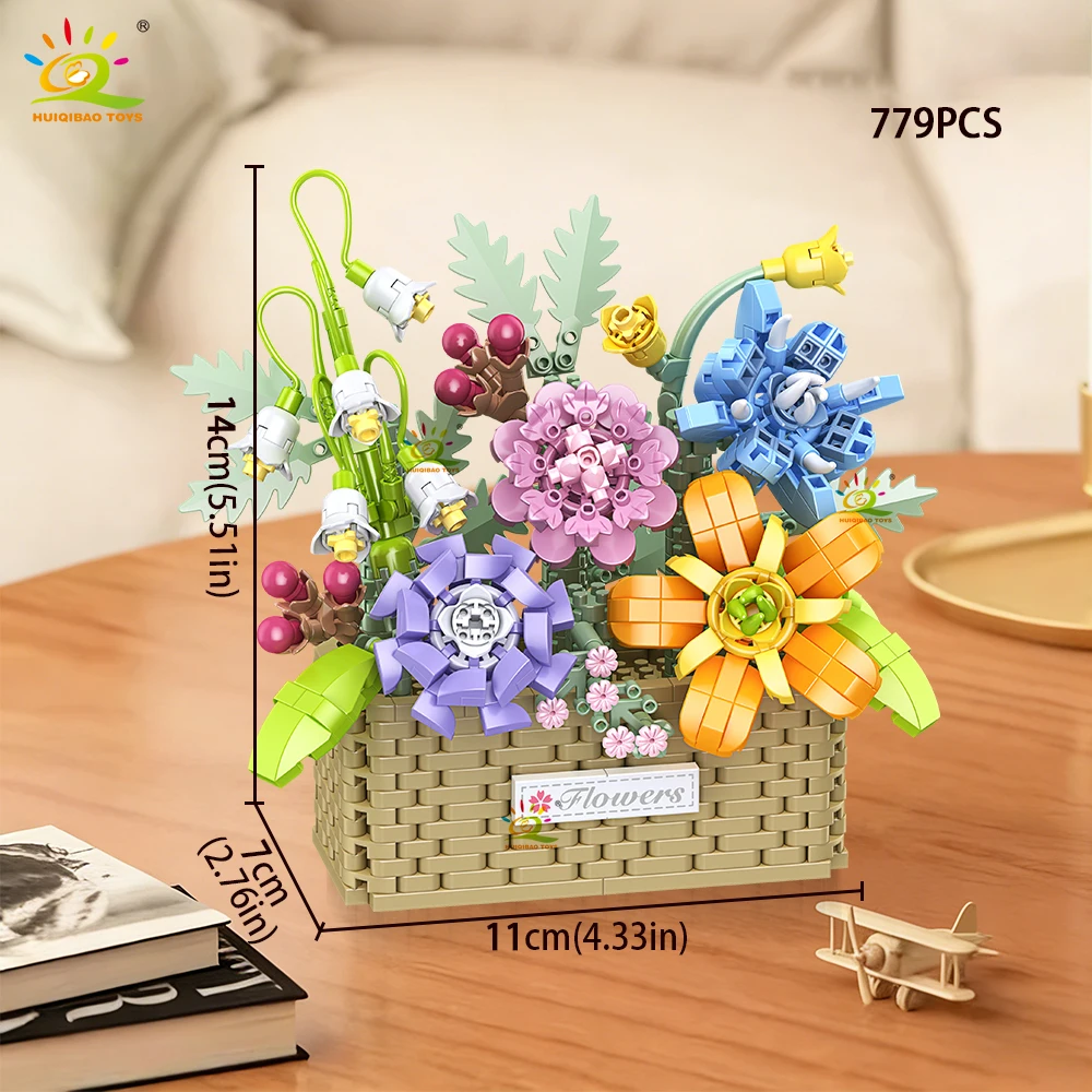 HUIQIBAO MOC Rosen-Sonnenblumen-Blumentopf Mikro-Baustein-Set DIY Blumenstrauß-Korb Mini-Diamant-Bausteine Kinderspielzeug Schreibtisch-Deko – Detail 7
