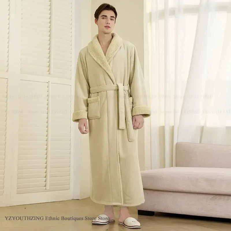Gaun Jubah Mandi Kimono Jubah Panjang Pria Flanel Tebal Pakaian Tidur Pria Bulu Karang Hangat Pakaian Santai Piyama Pakaian Rumah Musim Gugur Musim Dingin