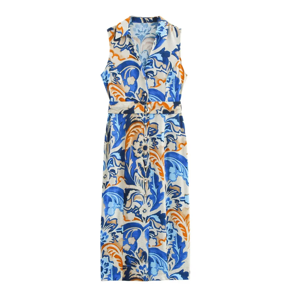 

PB&ZA 2025 Sleeveless Printed Women's Dress with Belt Fashionable Sleeveless Belted Women's Dress 2025 with All - over Prints
