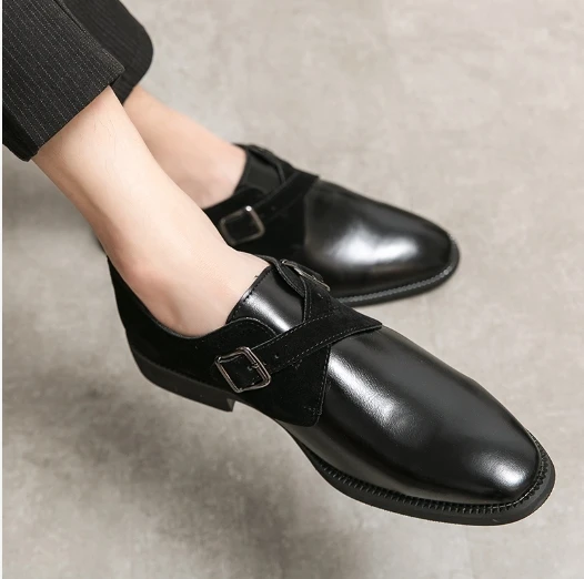 

Men's leather shoes slip-on buckle pointed toe men's shoes
