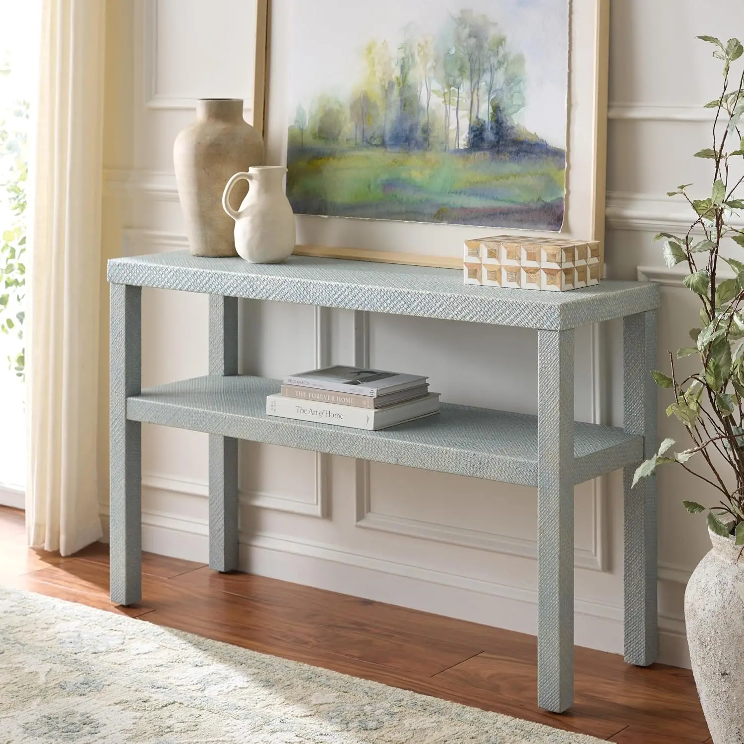 Handwoven Pandan Console Table with Shelf Storage for Living Room & Hallway, 47