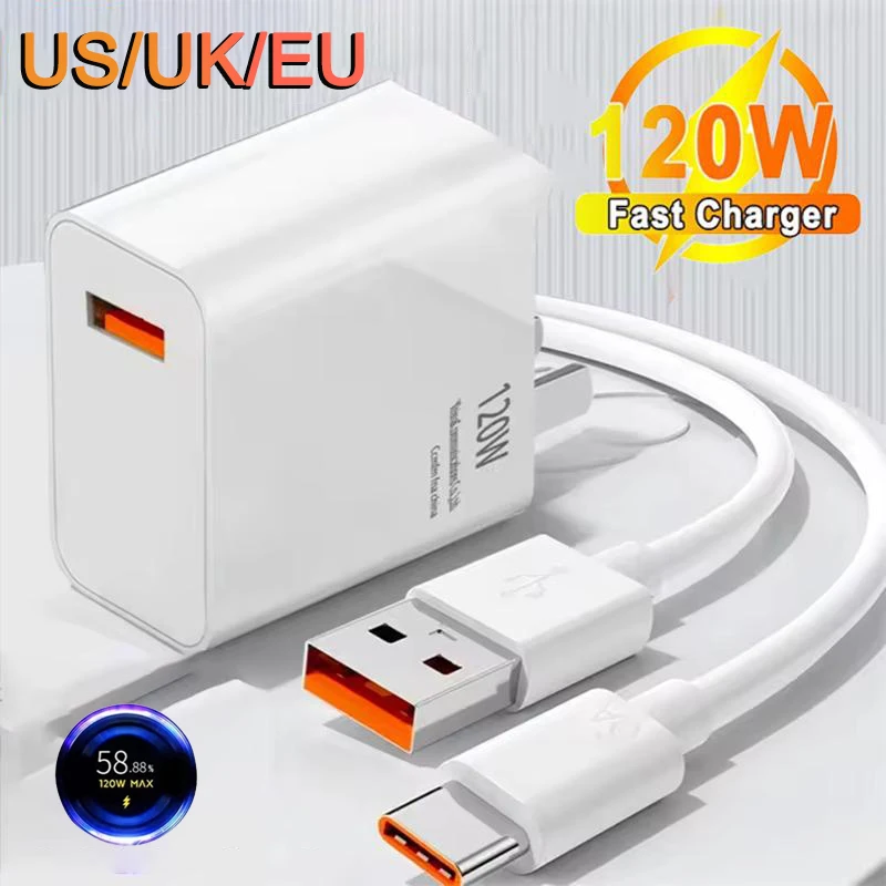 

120W Original Super Fast Charger 6A Cable USB 5.0 Type-C USB Turbo Charging Cable With EU/US/UK Adapter iPhone Android 2025