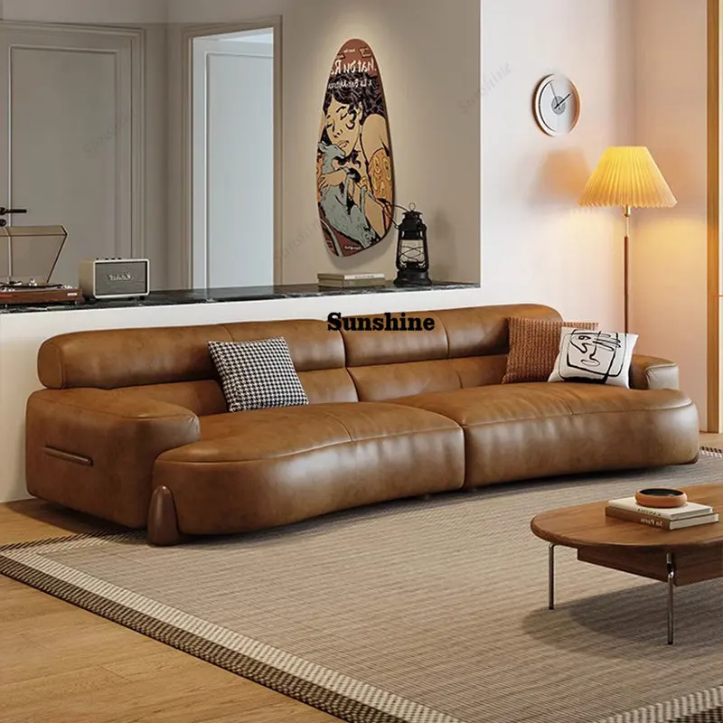 

Italian minimalist medieval leather sofa living room, brown minimalist retro creative arc