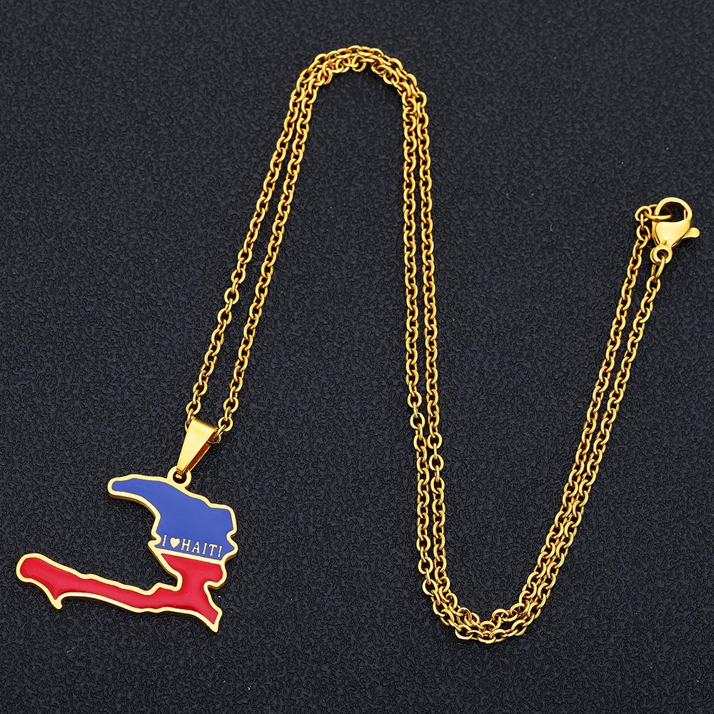 Fashion Haiti Map Falg City Pendant Necklace Gold Color Alloy Necklace Men Women Country Map Jewerly Repiblik Ayiti Gift