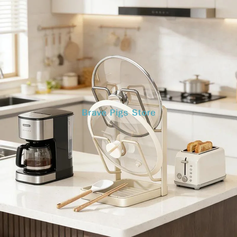 ​Kitchen Pot Lid Rack With Drainage Kitchen Space Saving No Drill Pot Lid Organizer Countertop Organizer Rack Tray Easy To Clean