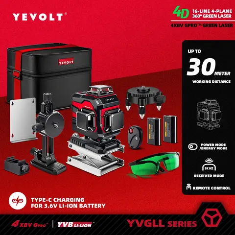 YEVOLT 산업용 16라인 레이저 레벨 YVGLL4XS16 자동 교정 ±4 °   셀프 레벨링 각도 야외 조경 충격 방지 디자인