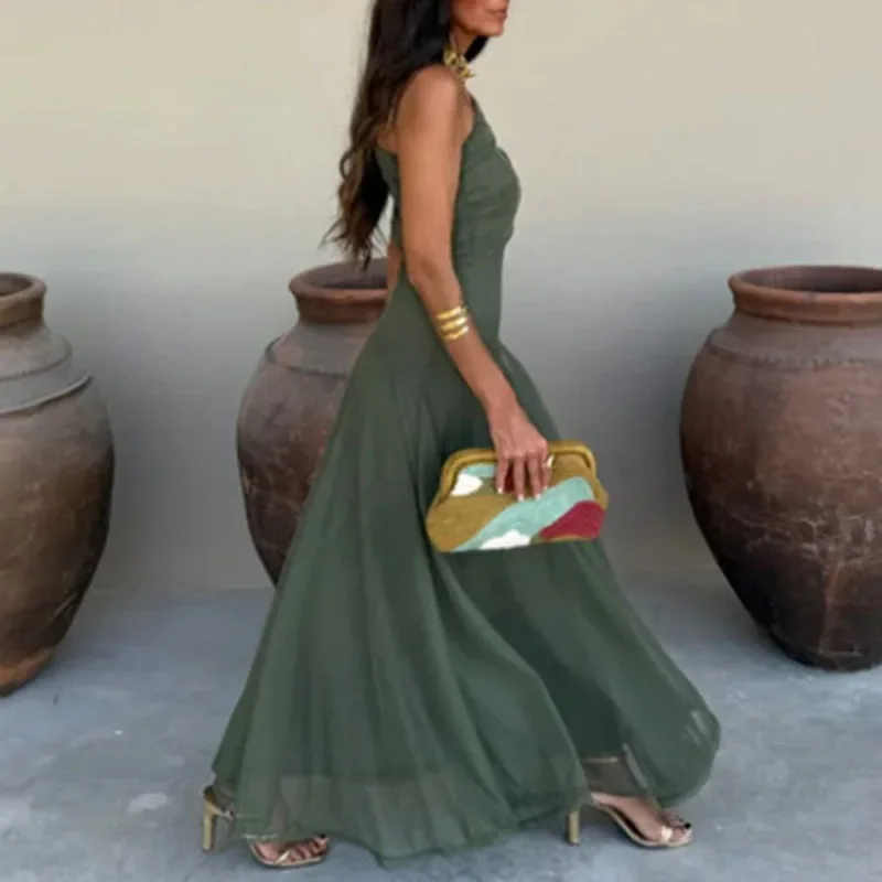 Printemps nouveau creux Slash cou balançoire longue robe femme Sexy épaules nues épissé maille robe de bal été dos nu plissé Maxi robe