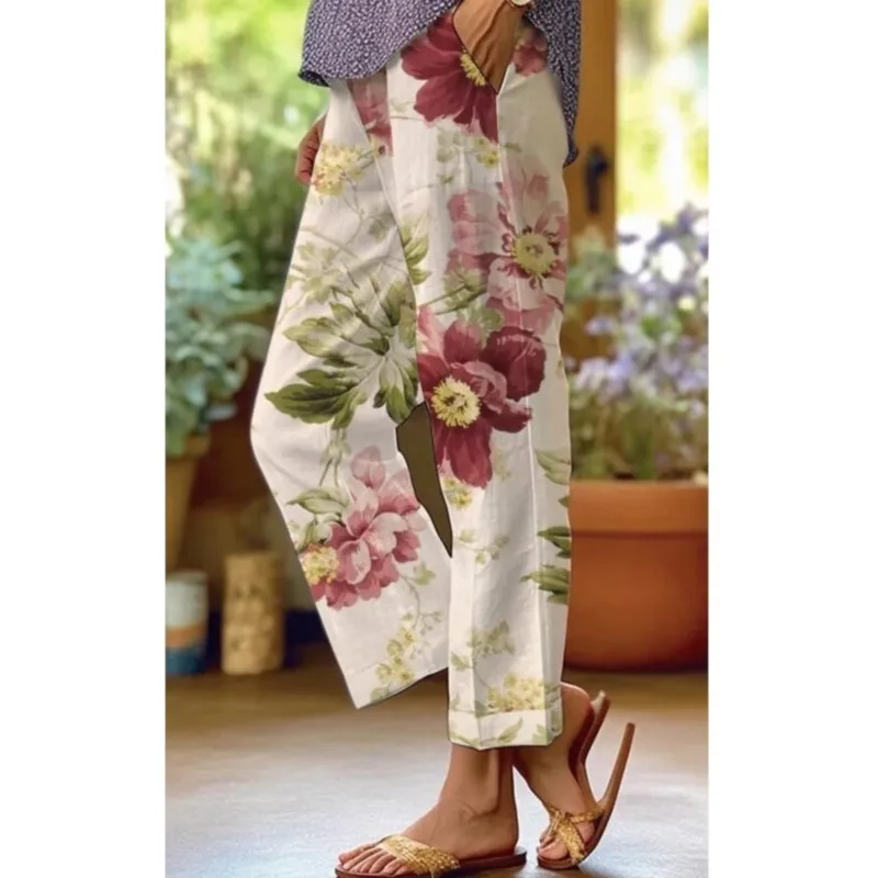 Women Fashion Casual Floral Printed Pants With Drawstring Pocket Female Long Trousers 2025 Summer Nine Points Pant New Clothing
