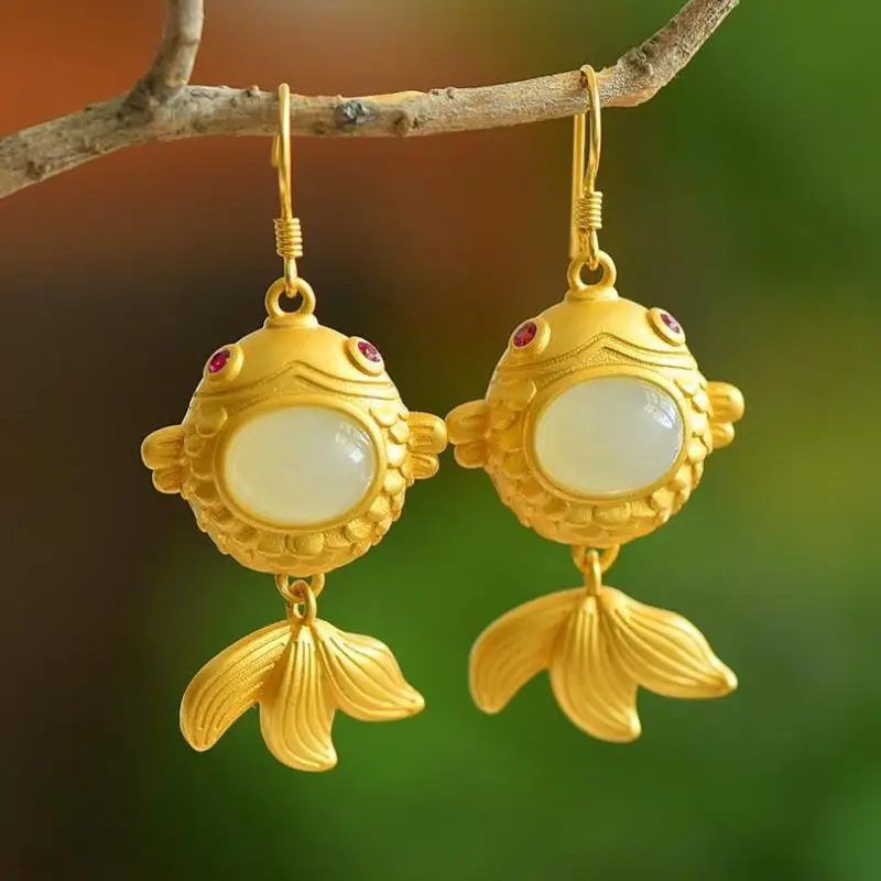 

Natural Nephrite Jade Earrings 925 Silver Goldfish Earrings Women Certified Jewelry Genuine Chinese Hetian Jade Dangle Earring