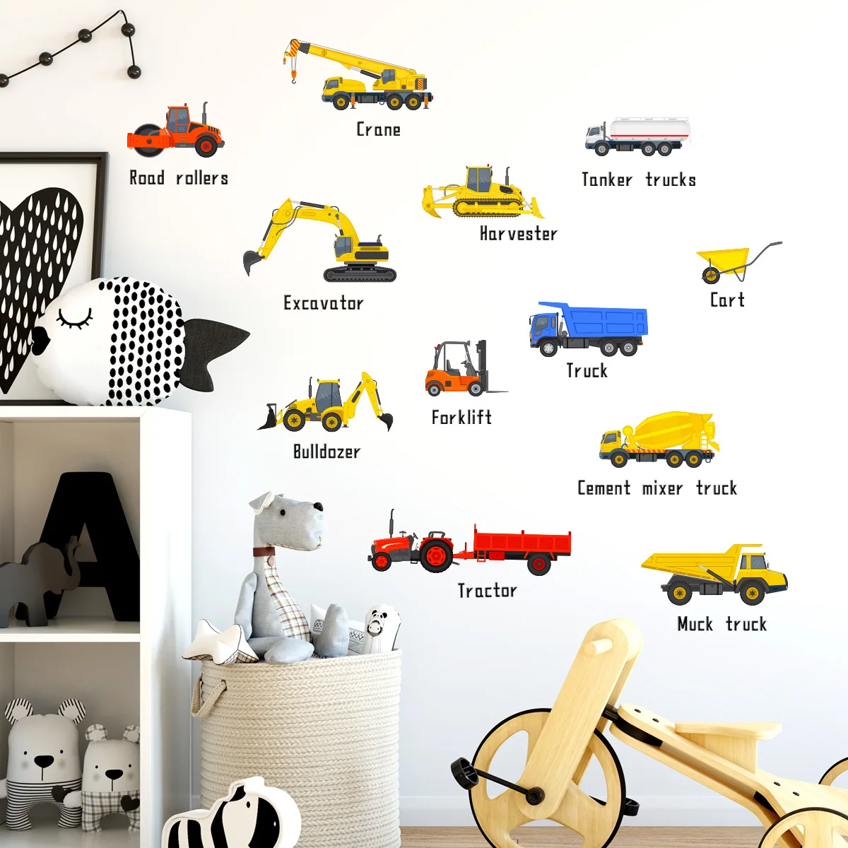 30*90cm Excavator Engineering Car Cartoon Wall Sticker Background Wall Children's Room Living Room Decorative Mural Wall Sticker