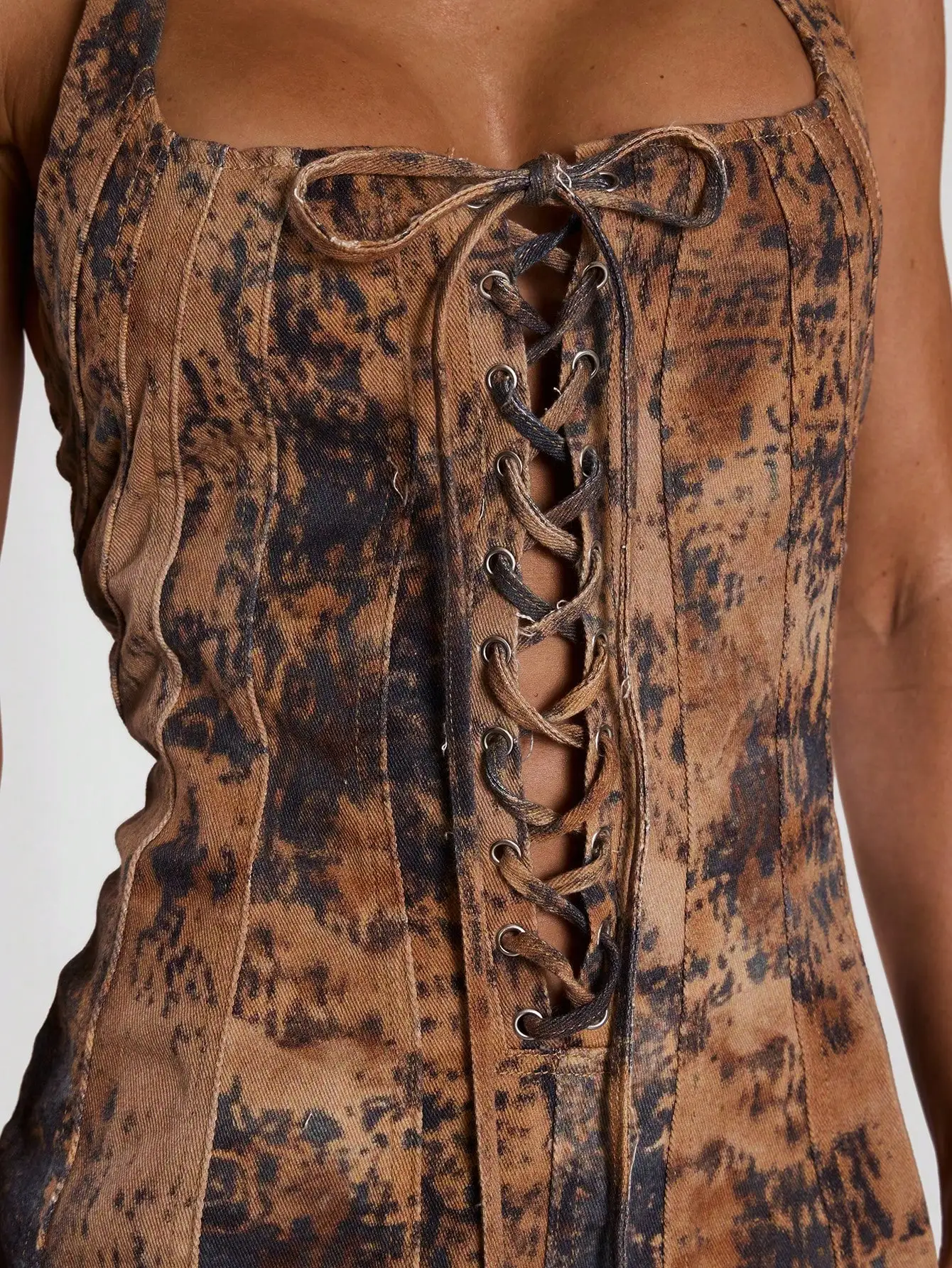 

Джинсовое мини-платье с завязками на шее, облегающее, для летних фестивалей, в стиле бохо-вестерн