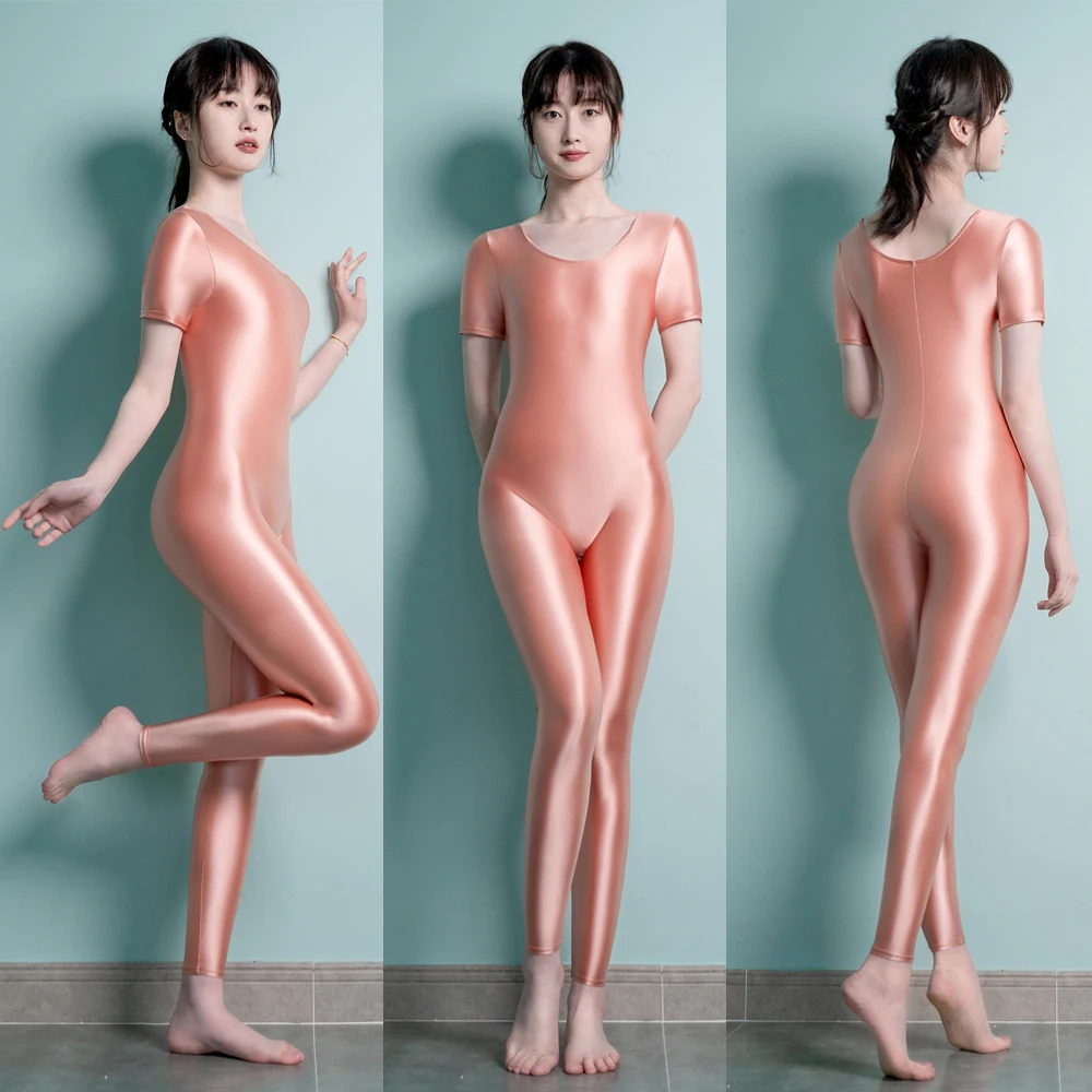 MJINM Women Sexy Oil Smooth One Piece Jumpsuits Wetlook Glossy Opaque Fitness Yoga Short Sleeve Overalls Zentai Cosplay Bodysuit