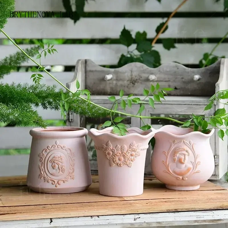 Pink Pottery Clay Flower Pot Green Plant Planting Garden Originality Courtyard Decorate Breathable Drainage Vases