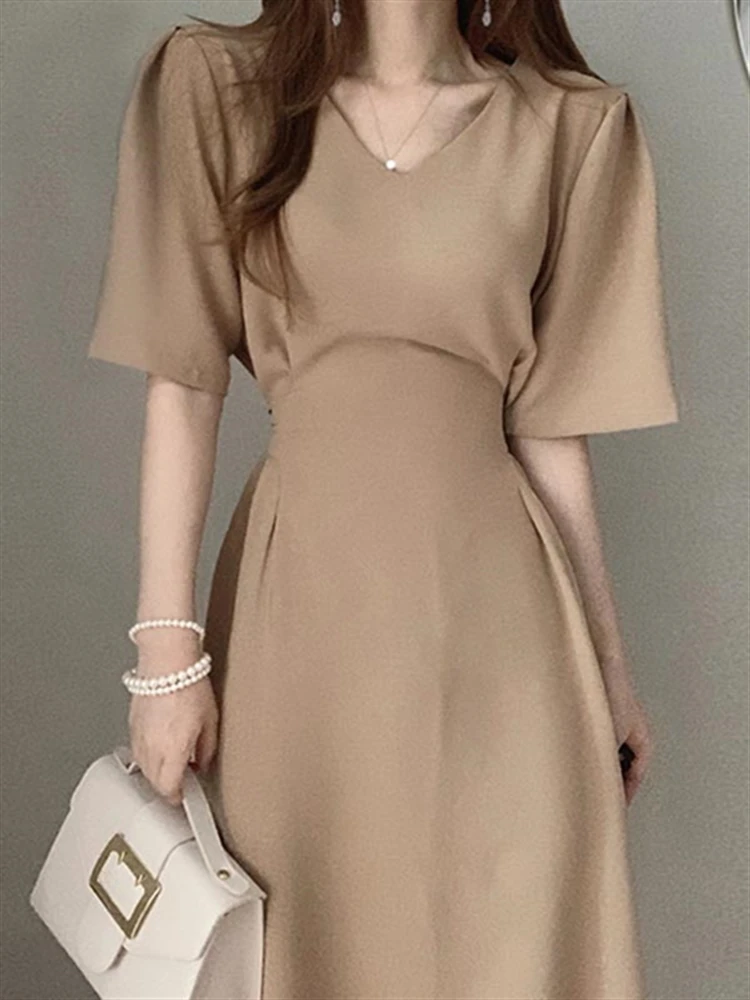 

Korean Style Summer Dresses Women Vestido Feminino Solid Khaki Short Sleeve Split High Waist Chic Elegant Woman Dress Female