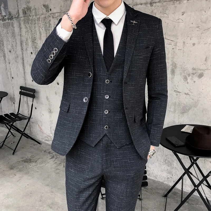 Autumn and Winter Korean Version Slim-fit Suit (suit + Vest + Trousers) 2024New Men\'s All-in-one Three-piece Wedding Dress M-5XL