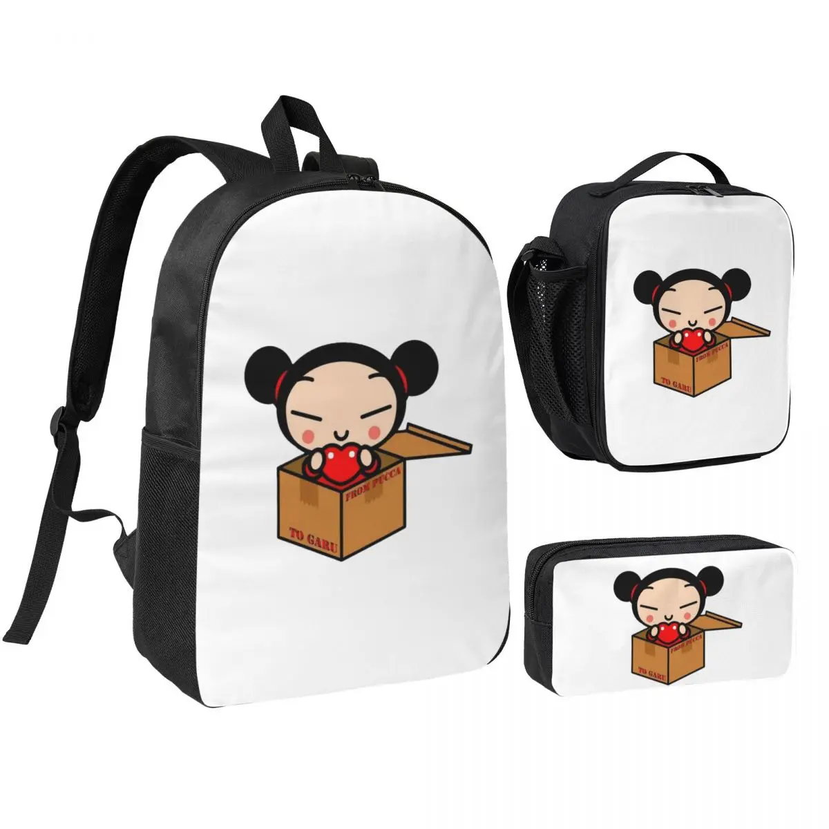 

Pucca Backpack Student Boys Girls BookBag School Bag Computer Shoulder Bags 3ps Insulated Lunch Bag Pencil Case