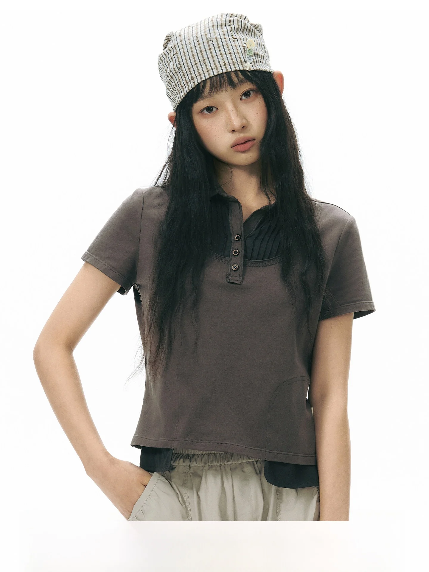 

NAPSNAPS Original Short Sleeve T-Shirt Women's Summer New Style Knitted Slim Fit Shoulder Padded Casual Cotton Top
