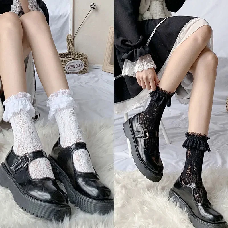 

Sweet Lace Top Fishnet Socks Women Sexy Transparent Flower Vine Pattern Mesh Long Sock Uniform JK Girls Lolita Heart Calf Socks