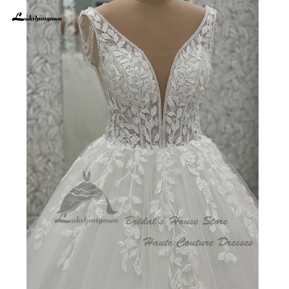 Yanshmigown-Robe de mariée élégante à col en V pour femme, perles en dentelle, blanc cassé, longues robes de patients, à lacets dans le dos, quoi que ce soit, 2024