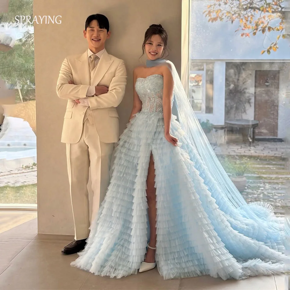 SPRAYING – robe de soirée en Tulle bleu ciel, pour séance Photo de mariage coréen, en dentelle, longue traîne, robe de soirée, Corset personnalisé
