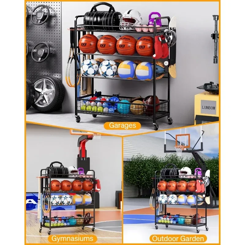 Garage Sports Equipment Organizer - Rolling Ball Storage Bin with Wheels, Garage Sports Gear Rack Outdoor Basketball Racks