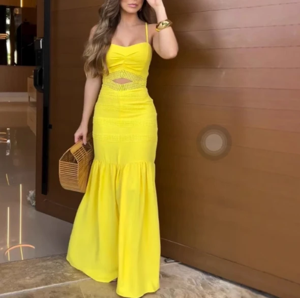 

Elegant Women's Dress Strap Dress with Hollow Out High Waisted Tight Fitting Dress Split Fishtail Skirt Vacation Dress Woman