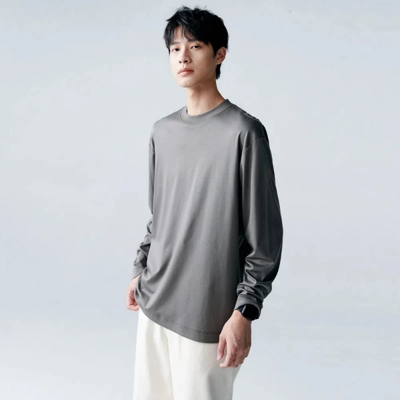 2025 Autumn Xinjiang Pure Cotton Spring Top with White Bottoming Super Long Staple Cotton Worsted Long-sleeved T-shirt for Men