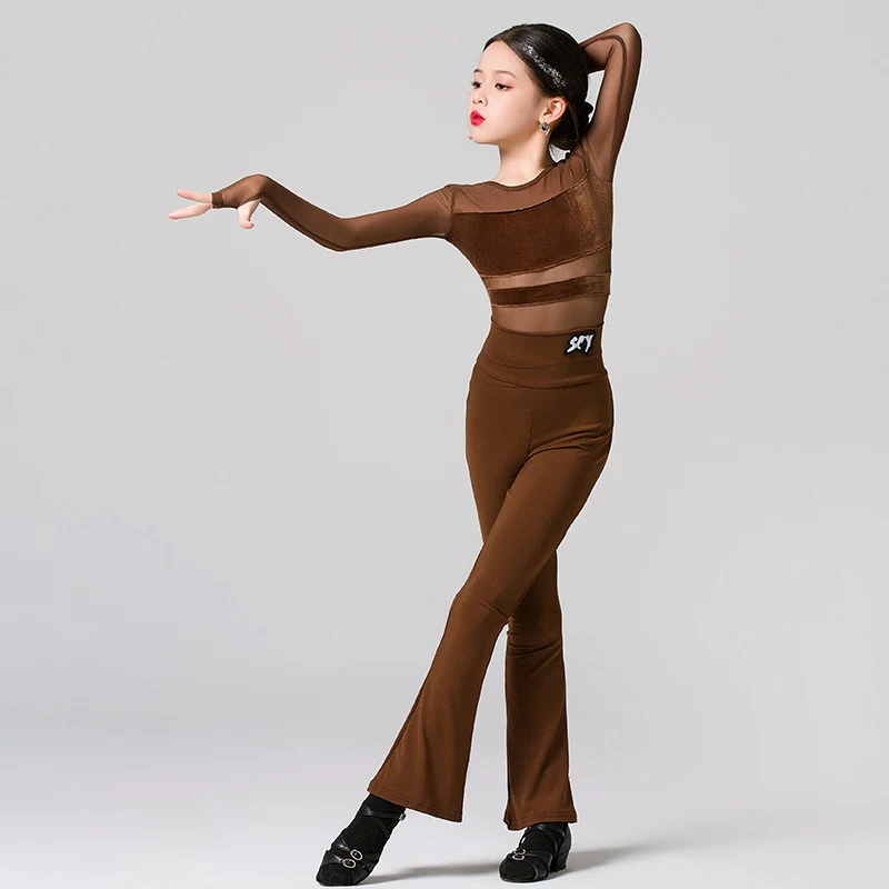 

Детская профессиональная одежда для латинских танцев, коричневые топы для девочек, брюки, одежда для бальных танцев ча-ча, танцевальная одежда с длинными рукавами NV22615