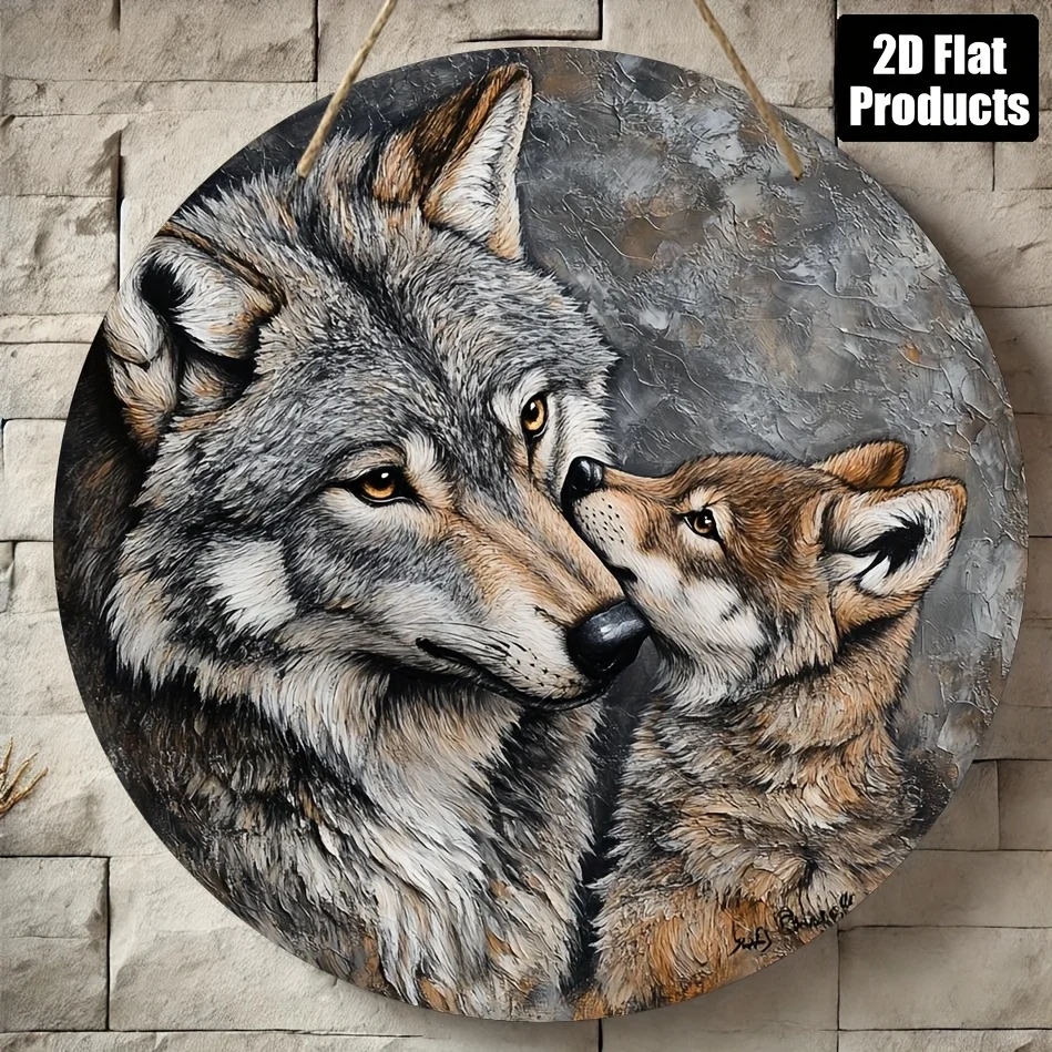 2D Flat Pendants, Drops Finials 2D Plane - [Durable Structure] Knitted Wolf-Themed Round Wooden Wall Art - Featuring Vibrant Wol