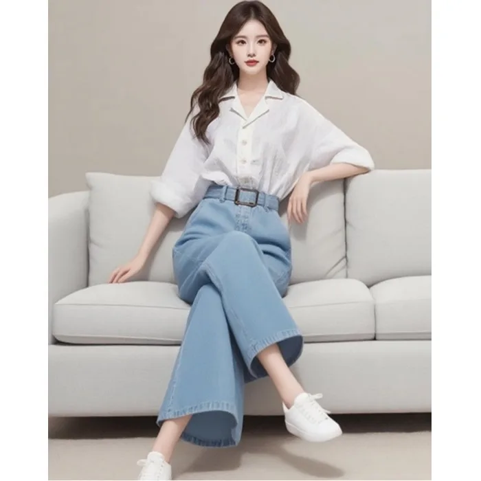 

Summer 2025 Women's Lightweight Luxury Faion Small Fraance Sle White Cotton Linen irt Jeans Set Ele Casual