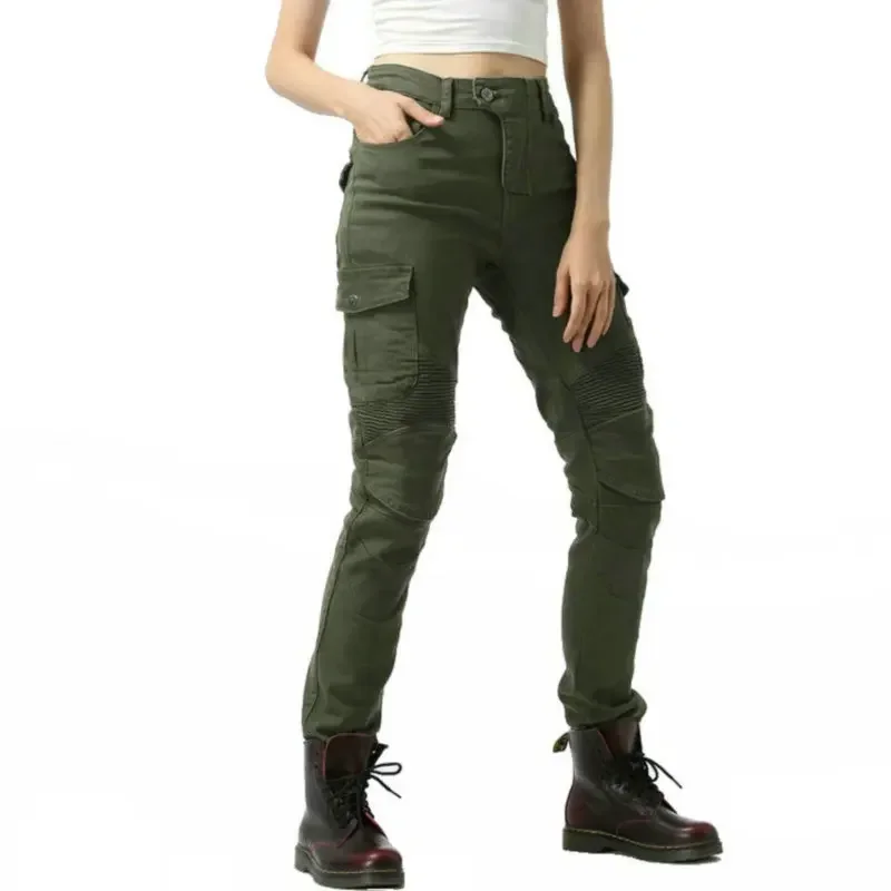 Army-Green Motorcycle Riding Protection Jeans Volero Six Pockets Female Motocross Casual Pants Locomotive Protective Trousers