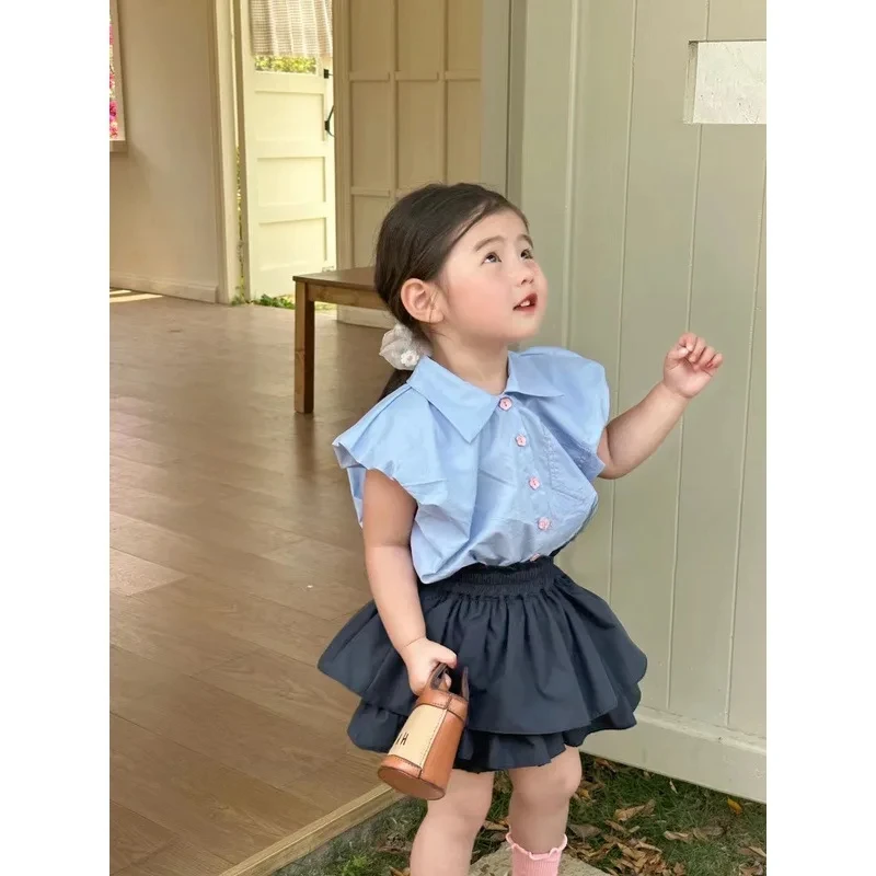 Children Clothing Set Girls Single Breasted Sleeveless Top and Culottes 2024 New Summer Fashionable Casual Sweet Two Piece Set