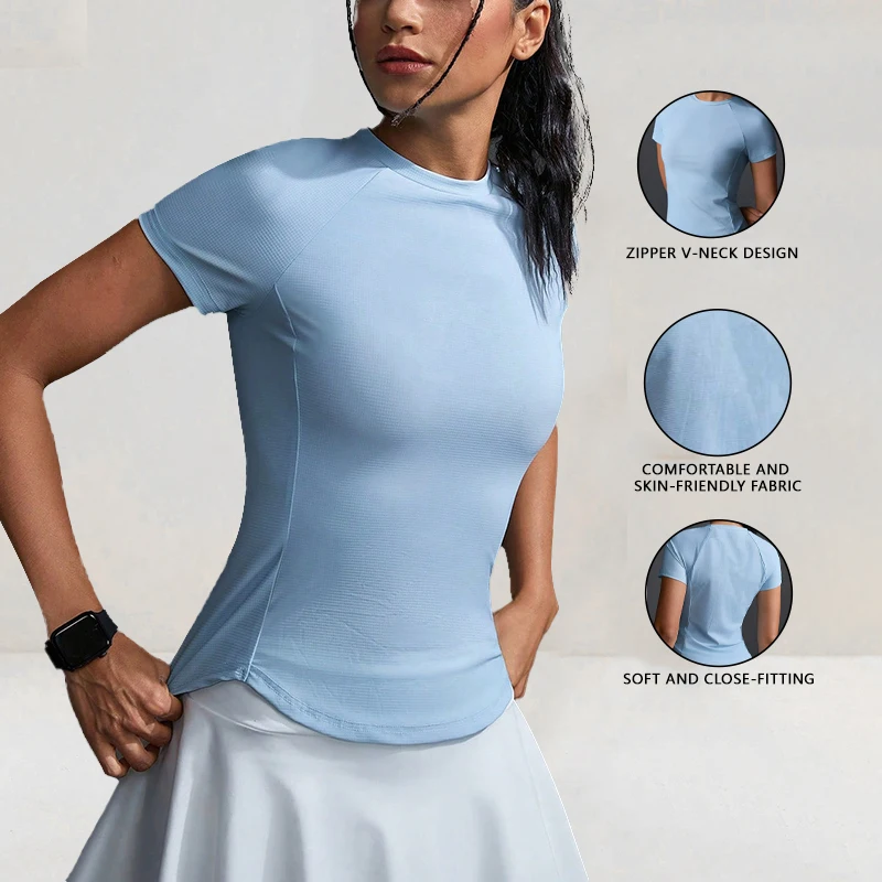 Damenkleidung Kurzarm Blaues T-Shirt Slim Fit Oberteil Weibliches O-Ausschnitt Gestricktes Figurbetontes T-Shirt Streetwear Sexy Sportlicher Stil – Detail 2