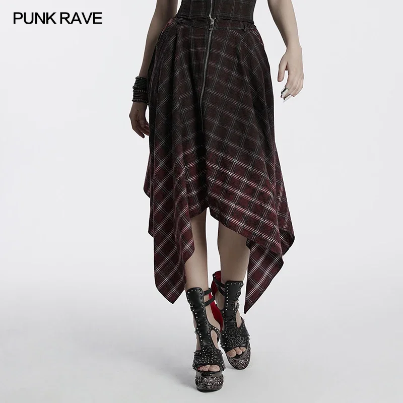 

PUNK RAVE Women's Punk Simple Fit Vintage Aesthetic Gradient Plaid Skirt Irregular Pointed Hem Cool Stylish Girl Half Skirts