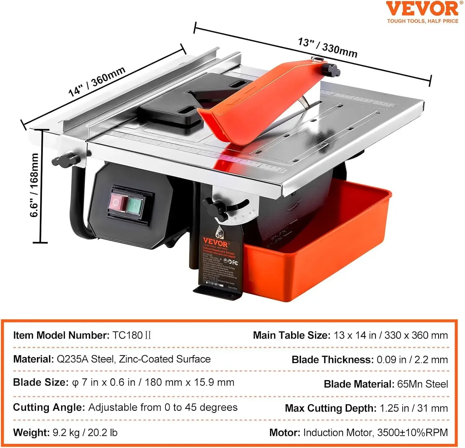7-inch 65Mn Steel Blade,Wet Tile Saw,3500 RPM Induction Motor,Tile Cutter Wet Saw with Water Reservoir,0-45 Degrees Miter Angle