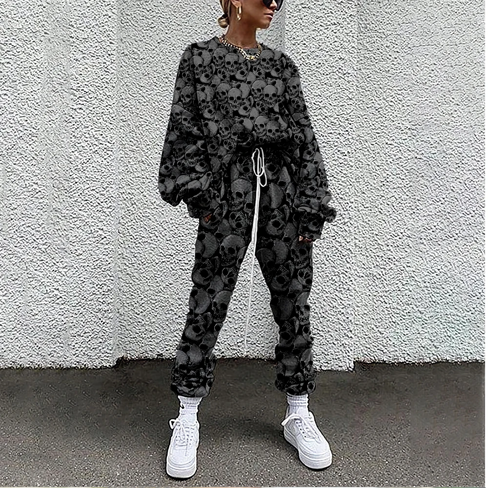 Women Tracksuit Skull Print 2 Piece Outfit Sweatshirt+Straight Sweatpants Matching Set Fitness Sporty Streetwear