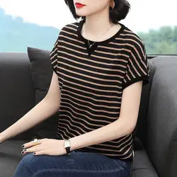 Vintage Plus Size Striped Tops Tees Summer New Short Sleeve O-Neck Loose All-match Casual T Shirts Fashion Office Women Clothing