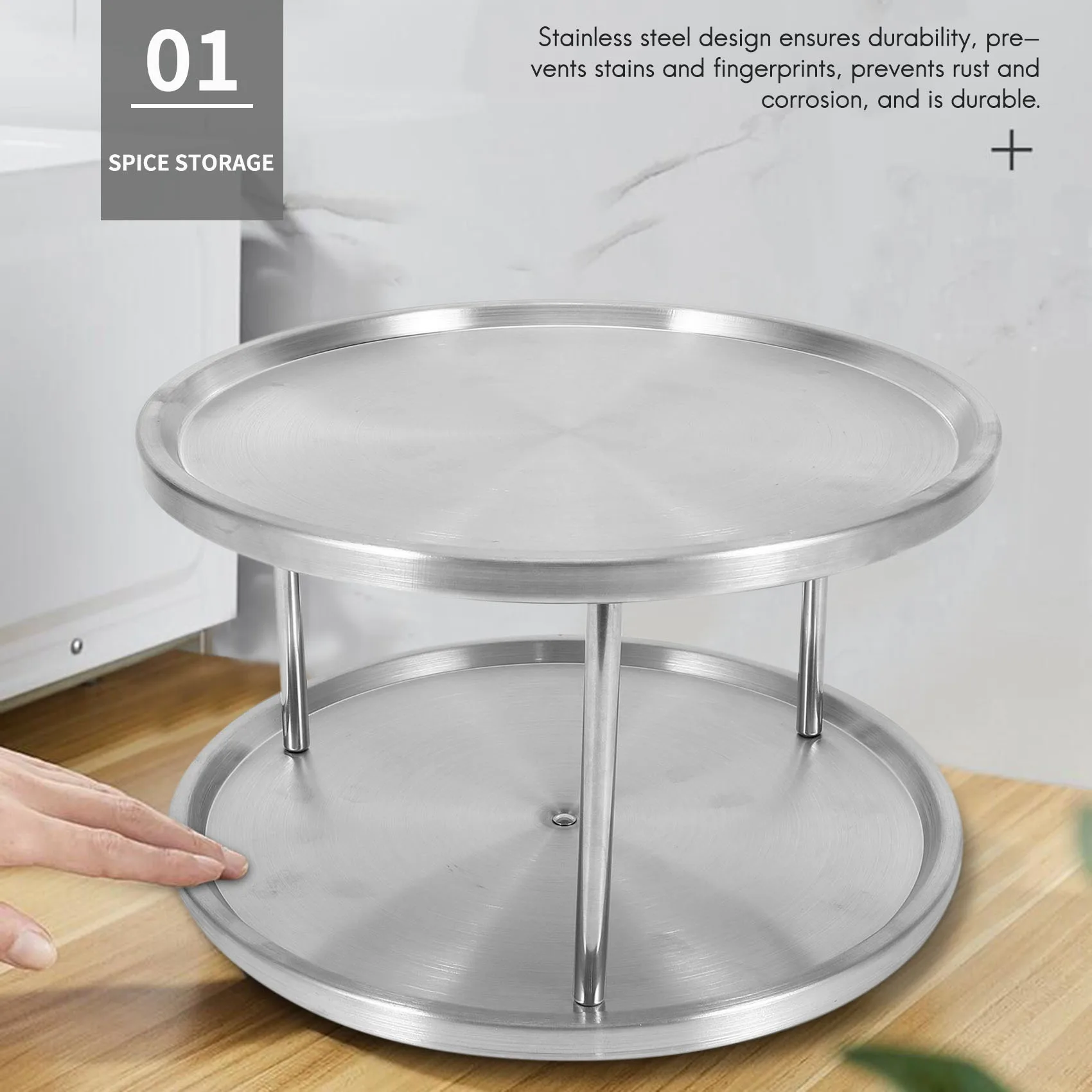 رف توابل من الفولاذ المقاوم للصدأ ، صينية منظمة ، طاولة دوارة درجة ، منضدة دوارة 2 حامل دوار لطاولة الطعام ، عدادات مطبخ ، خزائن #2