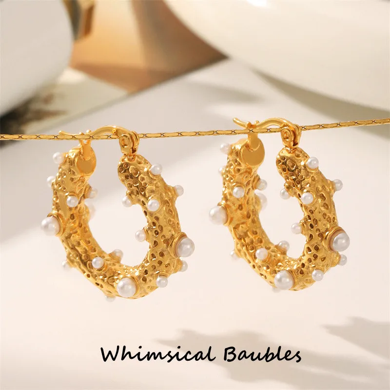

French Ins Style Hand Hammered Bump U-shaped Imitation Pearl Zircon Inlaid Earrings Stainless Steel Geometric Retro Earrings