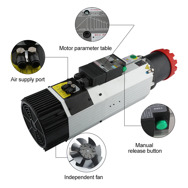 Husillo de cambio de herramienta automática, soporte de herramientas ISO30, 9,0 kW, ATC, 220V, 380V, husillo refrigerado por aire, fresadora CNC para carpintería