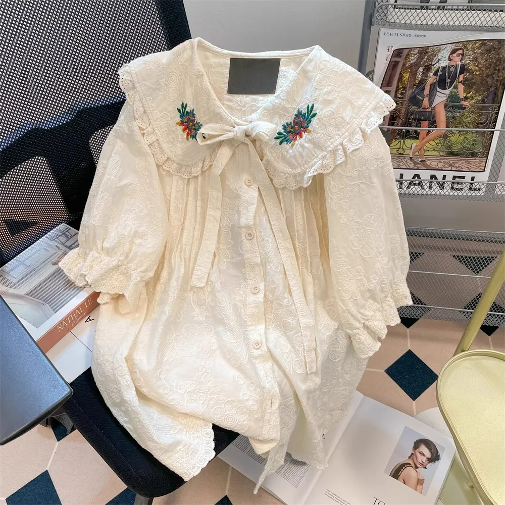 Summer Peter Pan Collar Single Breated Button Casual Blouse French Style Vintage Kawaii Lace Shirt Japanese Short Sleeve Top Bow