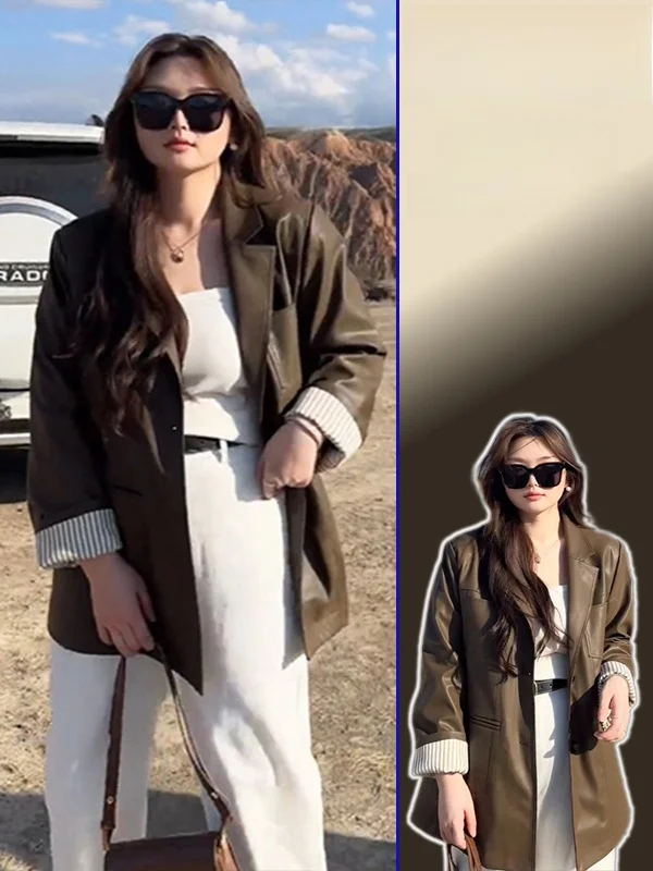 

Женская весенняя кожаная куртка больших размеров в западном стиле, свободного кроя, с эффектом стройности, премиум-класса, верхняя одежда для женщин больших размеров