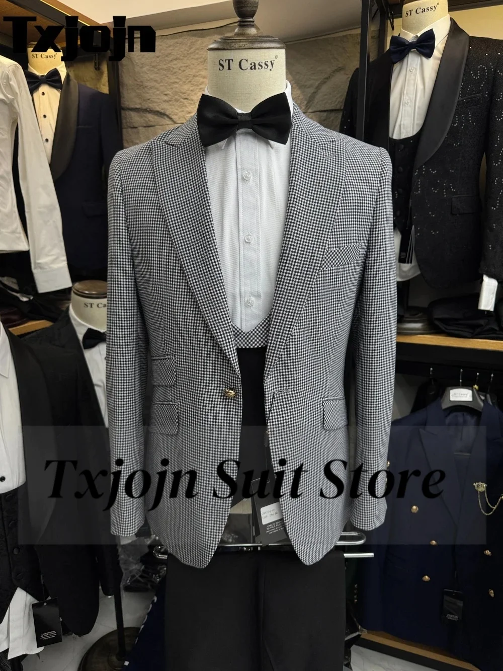 

High Quality Houndstooth Men's Suit Set 3PCS 2025 Formal Single Button Men's Office Suit Groom Groomsmen Wedding Suit Customized