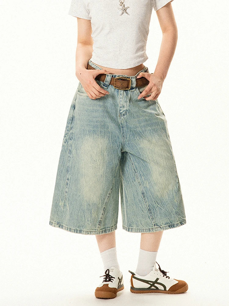 

Retro American Design Distred Denim orts Women's Summer Loose Wide Leg Seven-Foot Pants Trendy Casual Jeans