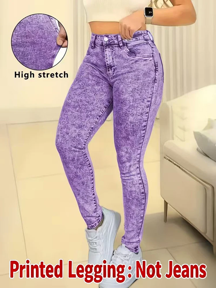 Women Printed Leggings Not Denim Fabric, Fake Pocket & Button Print Design Pants, High Elastic Fashion Slim Fit Skinny Casual