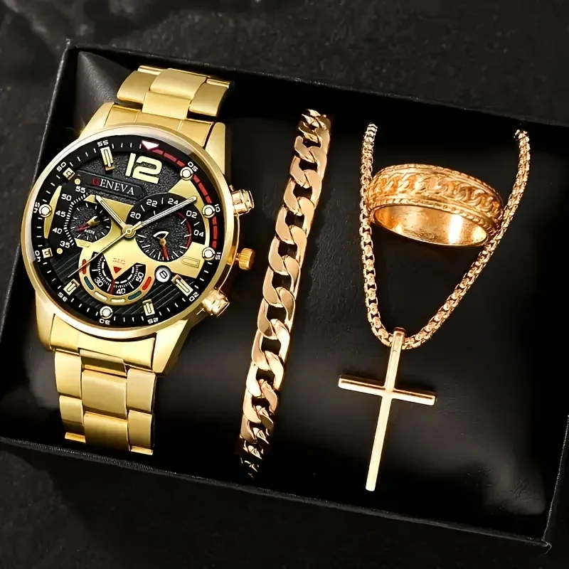 Men's 4-piece Fashion Quartz Watch Set with Date Function, Pendant Necklace, Ring, and Bracelet - Ideal Gift for Men