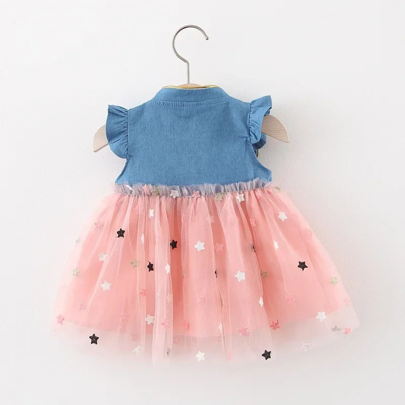 New Summer Denim Patchwork Star Tulle Baby Girl Princess Dress With Sweet Little Flying Sleeves Children'S Clothing